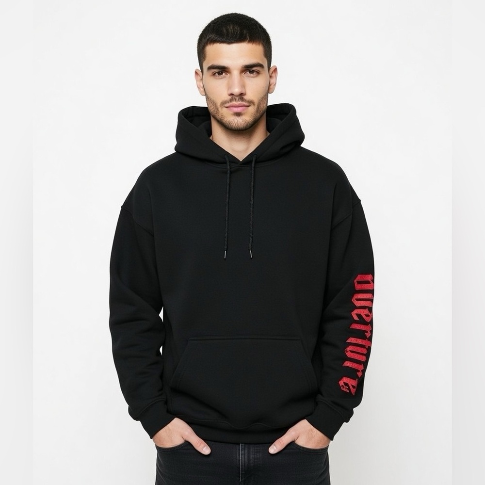 Overlord Gildan Black Hoodie with Red Sleeve Lettering